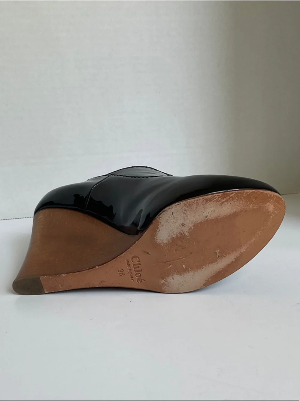 Chloe Black Patent Leather Wedge with Brown Wood Wedge Heel